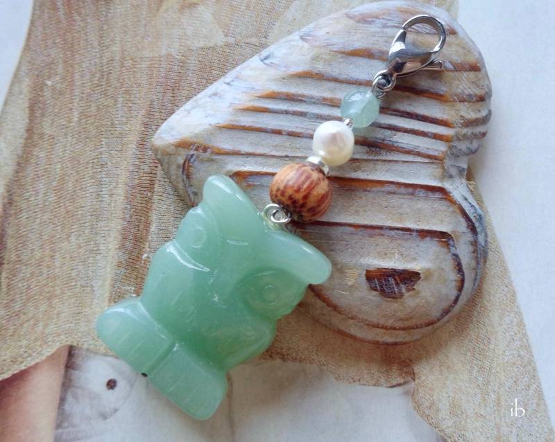 Wechselanhänger ⋆ Eule Aventurin Mint Petrol Aquamarin Palmholz Silber Weiß Süßwasserperle Braun Anhänger Charm Holzperle Eulenliebe Grün von islablanca