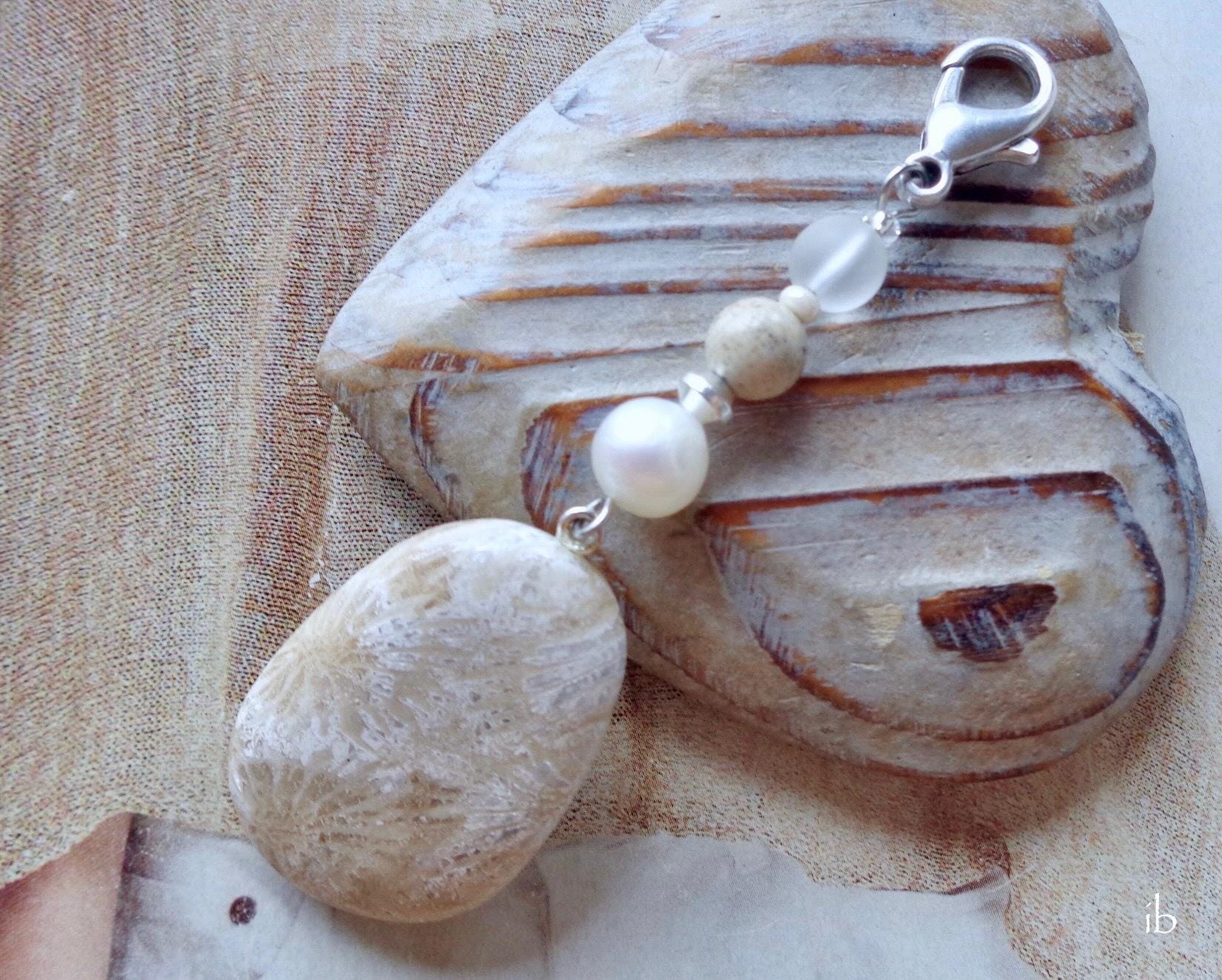 Wechselanhänger ⋆ Fossile Koralle Bergkristall Matt Landschaftsjaspis Beige Süßwasserperle Weiß Charm Anhänger Silber Trommelstein von islablanca