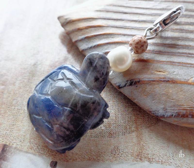 Wechselanhänger ⋆ Schildkröte Dumortierit Dunkelblau Süßwasserperle Weiß Landschaftsjaspis Beige Blau Silber Charm Anhänger Krafttier von islablanca