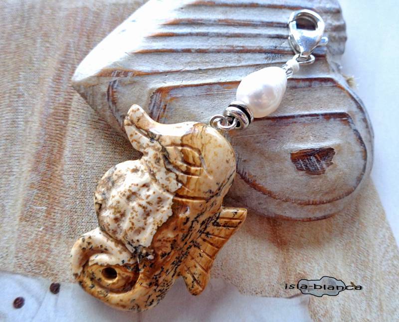 Wechselanhänger ⋆ Seepferdchen Landschaftsjaspis Beige Weiß Süßwasserperle Tropfen Silber Charm Anhänger Maritim Jaspis Seepferd von islablanca