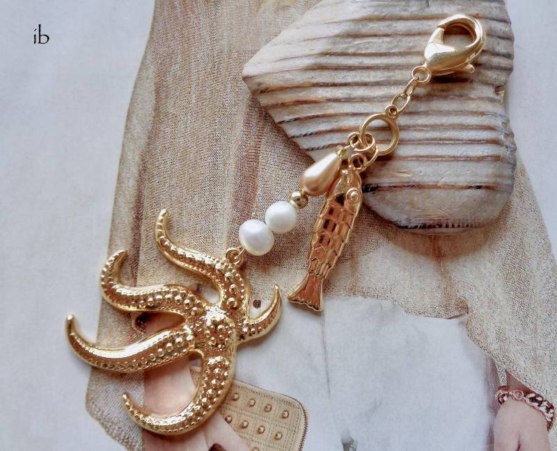 Wechselanhänger ⋆ Seestern Süßwasserperlen Fisch Gold Anhänger Charm Krabbe Weiß Tropfen von islablanca