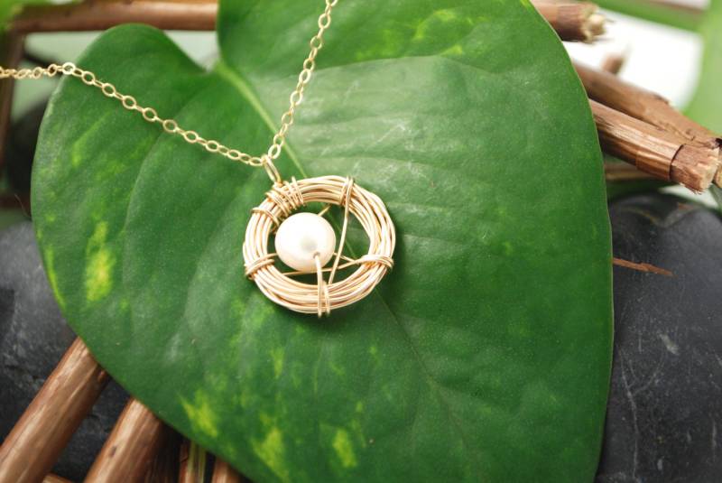 Vogel-Nest-Halskette, 14K Gold Gefüllt Mit Einem Süßwasserperlen-Ei von islandofali