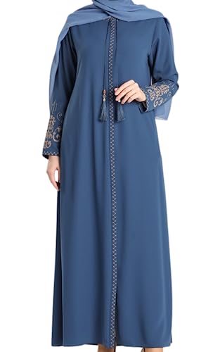 istanbul styles Abaya mit bestickten Ärmeln für Damen, langärmelig, bodenlang, türkisch-islamische Mode (DE/NL/SE/PL, Alphanumerisch, L, Regular, Regular, Denimblau) von istanbul styles