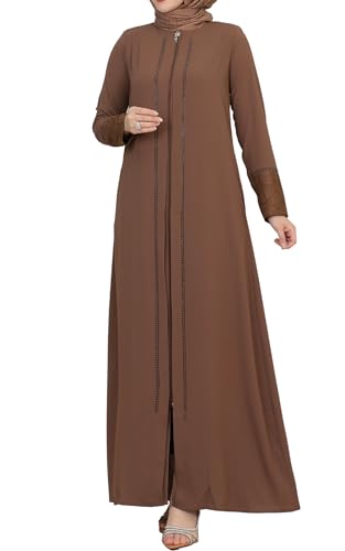 istanbul styles Damen-Abaya, Spitzenapplikation, langärmelig, bodenlang, Reißverschluss, bodenlang, Türkei, islamische Mode (DE/NL/SE/PL, Alphanumerisch, XL, Regular, Regular, Braun) von istanbul styles