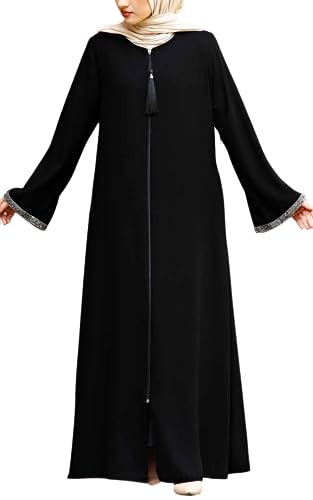 istanbul styles Damen-Abaya, langärmelig, offener Steinbruch, bodenlang, Reißverschluss, bodenlang, türkisch-islamische Mode (DE/NL/SE/PL, Alphanumerisch, L, Regular, Regular, Schwarz) von istanbul styles