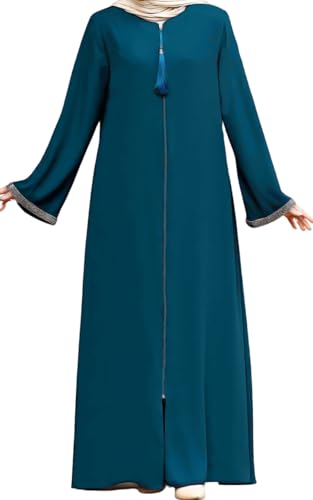 istanbul styles Damen-Abaya, langärmelig, offener Steinbruch, bodenlang, Reißverschluss, bodenlang, türkisch-islamische Mode (DE/NL/SE/PL, Alphanumerisch, M, Regular, Regular, Denimblau) von istanbul styles