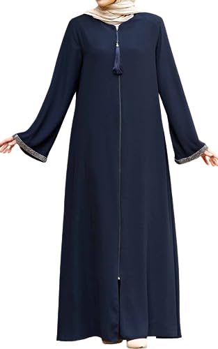 istanbul styles Damen-Abaya, langärmelig, offener Steinbruch, bodenlang, Reißverschluss, bodenlang, türkisch-islamische Mode (DE/NL/SE/PL, Alphanumerisch, M, Regular, Regular, Navy blau) von istanbul styles