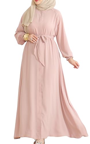 istanbul styles Damen-Abaya mit Reißverschluss, inklusive Taillengürtel, bescheidene türkische Langarm-Abayas für Frauen, muslimische Mode (Rosa, Medium/large) von istanbul styles