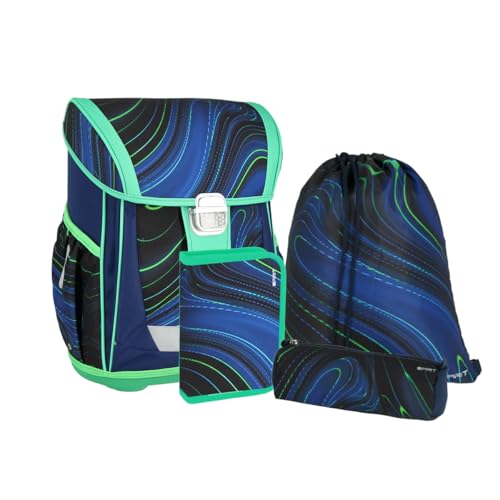 Grundschul Ranzen Set COOL - Schulranzen Set 4 teilig für Jungen und Mädchen mit Mäppchen Faulenzer Turnbeutel (Blue Stripes) von itenga