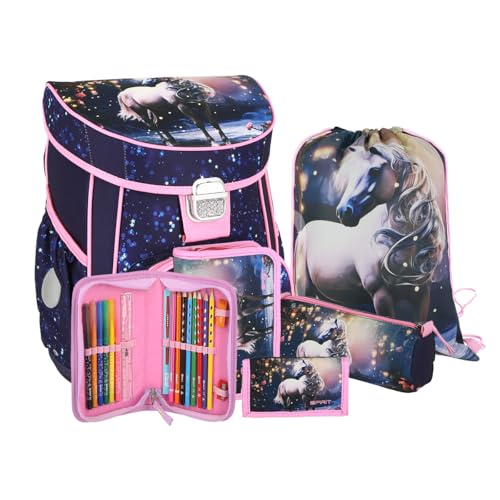 Grundschul Ranzen Set - Schulranzen Set 5 teilig für Jungen und Mädchen mit Mäppchen Faulenzer Turnbeutel Brustbeutel (Pferd) von itenga