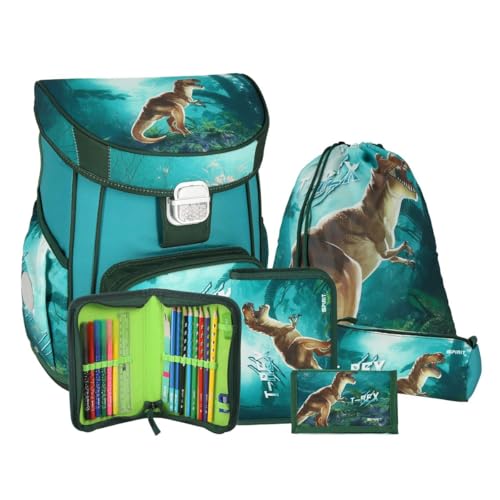 Grundschul Ranzen Set - Schulranzen Set 5 teilig für Jungen und Mädchen mit Mäppchen Faulenzer Turnbeutel Brustbeutel (T-REX) von itenga