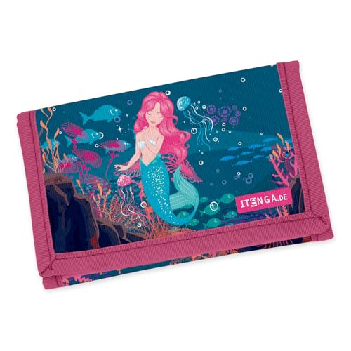 itenga Kinder Geldbörse - Geldbeutel und Brustbeutel - mit Klettverschluss, Kordelband, Geldscheinfach und Münzfach Sichtfenster für Mädchen und Jungen (Motiv Meerjungfrau) von itenga