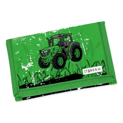 itenga Kinder Geldbörse - Geldbeutel und Brustbeutel - mit Klettverschluss, Kordelband, Geldscheinfach und Münzfach Sichtfenster für Mädchen und Jungen (Motiv Traktor) von itenga