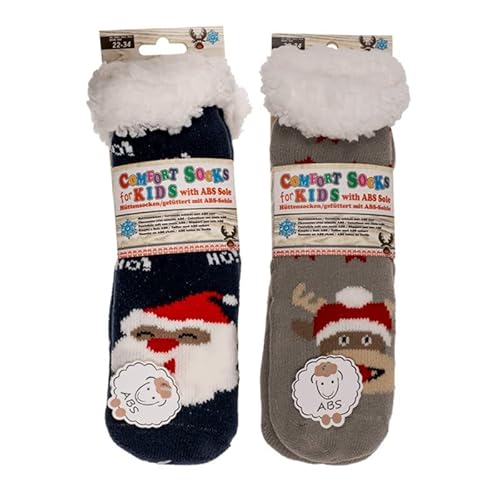 itsisa 2 Paar Hüttensocken mit ABS-Sohle Rentier und Santa Claus, Gr. 22-34 - Kuschelsocken, Wintersocken, Hausschuh Socken, Wohlfühlsocken, Strumpf, Hütten-Strümpfe von itsisa