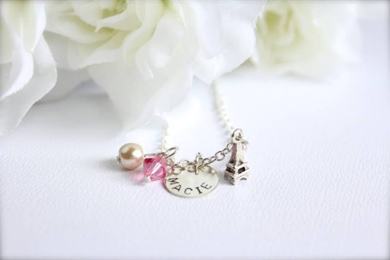 sterling Silber Personalisierte Mädchen Rosa Paris Eiffelturm Halskette Hand Gestempelt Gravierte Namen von ittybittyBBoutique