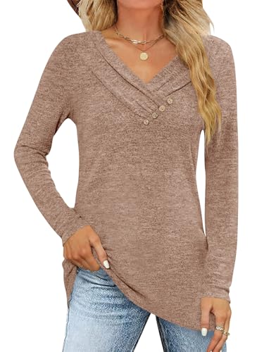 iudam Damen Langarmshirt V Ausschnitt Langarm Oberteil Shirt Elegant Pullover Locker Herbst Basic Tunika T-Shirts Tops Knopf Casual Blusen,Braun,XXL von iudam