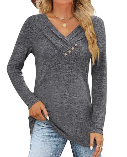 iudam Damen Langarmshirt V Ausschnitt Langarm Oberteil Shirt Elegant Pullover Locker Herbst Basic Tunika T-Shirts Tops Knopf Casual Blusen,Dunkelgrau,XXL von iudam
