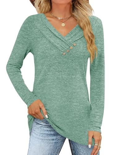 iudam Damen Langarmshirt V Ausschnitt Langarm Oberteil Shirt Elegant Pullover Locker Herbst Basic Tunika T-Shirts Tops Knopf Casual Blusen,Grün,XXL von iudam