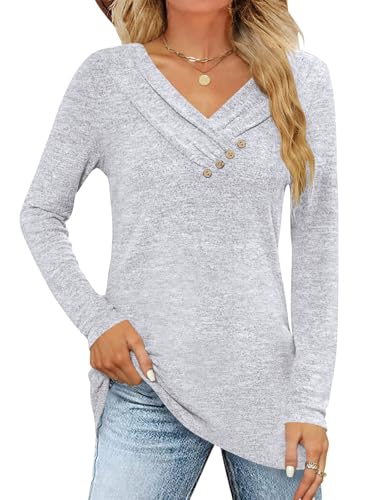 iudam Damen Langarmshirt V Ausschnitt Langarm Oberteil Shirt Elegant Pullover Locker Herbst Basic Tunika T-Shirts Tops Knopf Casual Blusen,Hellgrau,XL von iudam