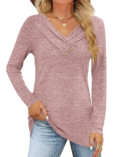 iudam Damen Langarmshirt V Ausschnitt Langarm Oberteil Shirt Elegant Pullover Locker Herbst Basic Tunika T-Shirts Tops Knopf Casual Blusen,Rosa,XL von iudam