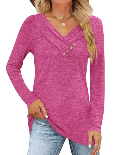 iudam Damen Langarmshirt V Ausschnitt Langarm Oberteil Shirt Elegant Pullover Locker Herbst Basic Tunika T-Shirts Tops Knopf Casual Blusen,Rose,S von iudam