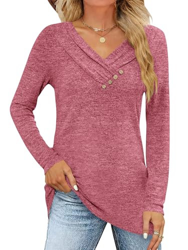 iudam Damen Langarmshirt V Ausschnitt Langarm Oberteil Shirt Elegant Pullover Locker Herbst Basic Tunika T-Shirts Tops Knopf Casual Blusen,Rot,XL von iudam