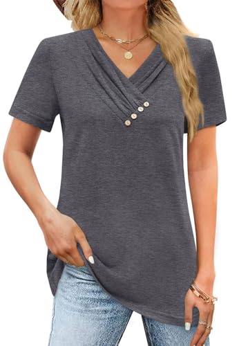 iudam Damen T-Shirt Kurzarm V Ausschnitt Oberteil Locker Basic Shirt Tops Sommer Knopf Casual Bluse,Dunkelgrau,XXL von iudam