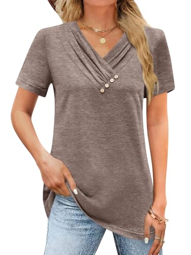 iudam Damen T-Shirt Kurzarm V Ausschnitt Oberteil Locker Basic Shirt Tops Sommer Knopf Casual Bluse,Kaffee,XXL von iudam