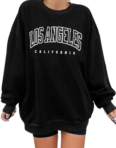 iudam Sweatshirt Damen Pullover Übergroßes Langarm Los Angeles Y2K Vintage Oversized Herbst Winter Casual Bluse Tops Oberteile,Los Angeles Schwarz,L von iudam