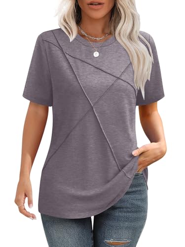 iudam Tshirt Damen Sommer Bluse mit Falten Elegant T-Shirt Rundhals Lockere Kurzarm Tunika Damen Oberteil Basic Tops,Bräunliches Violett,XXL von iudam