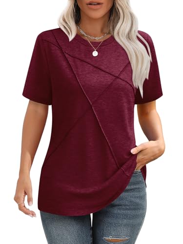 iudam Tshirt Damen Sommer Bluse mit Falten Elegant T-Shirt Rundhals Lockere Kurzarm Tunika Damen Oberteil Basic Tops,Burgunderrot,L von iudam