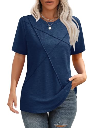 iudam Tshirt Damen Sommer Bluse mit Falten Elegant T-Shirt Rundhals Lockere Kurzarm Tunika Damen Oberteil Basic Tops,Dunkelblau,S von iudam
