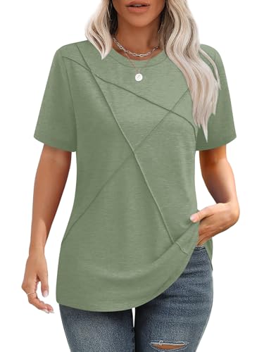 iudam Tshirt Damen Sommer Bluse mit Falten Elegant T-Shirt Rundhals Lockere Kurzarm Tunika Damen Oberteil Basic Tops,Grün,XXL von iudam