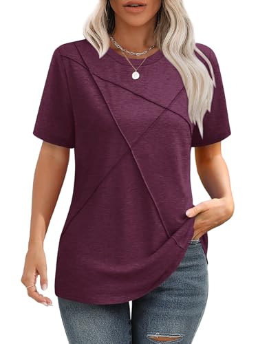 iudam Tshirt Damen Sommer Bluse mit Falten Elegant T-Shirt Rundhals Lockere Kurzarm Tunika Damen Oberteil Basic Tops,Lila,XXL von iudam