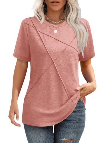 iudam Tshirt Damen Sommer Bluse mit Falten Elegant T-Shirt Rundhals Lockere Kurzarm Tunika Damen Oberteil Basic Tops,Rosa,M von iudam