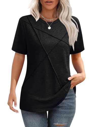iudam Tshirt Damen Sommer Bluse mit Falten Elegant T-Shirt Rundhals Lockere Kurzarm Tunika Damen Oberteil Basic Tops,Schwarz,L von iudam