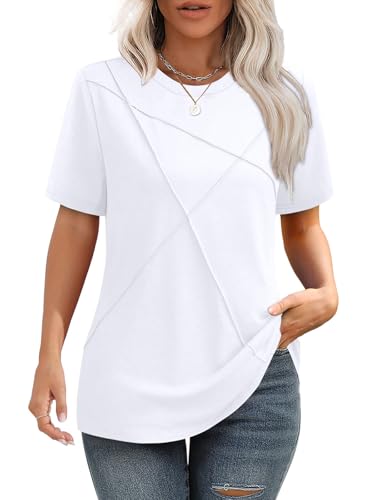 iudam Tshirt Damen Sommer Bluse mit Falten Elegant T-Shirt Rundhals Lockere Kurzarm Tunika Damen Oberteil Basic Tops,Weiß,XL von iudam