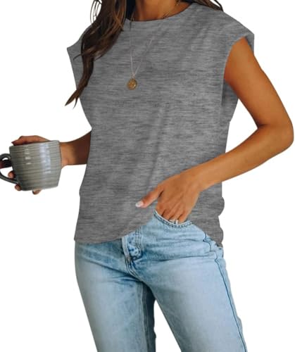 iudam Tshirt Damen mit Flügelärmeln Sommer Rundhals Oberteile Basic Blusen Kurzarm Tank Top lockere Passform lässiges Vest Tops,Grau,S von iudam