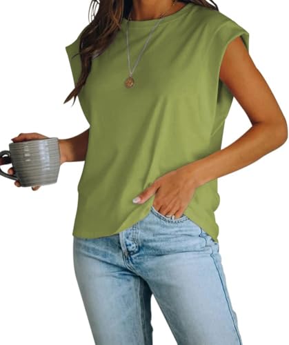 iudam Tshirt Damen mit Flügelärmeln Sommer Rundhals Oberteile Basic Blusen Kurzarm Tank Top lockere Passform lässiges Vest Tops,Grün,M von iudam