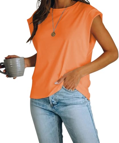 iudam Tshirt Damen mit Flügelärmeln Sommer Rundhals Oberteile Basic Blusen Kurzarm Tank Top lockere Passform lässiges Vest Tops,Orange-rosa,L von iudam