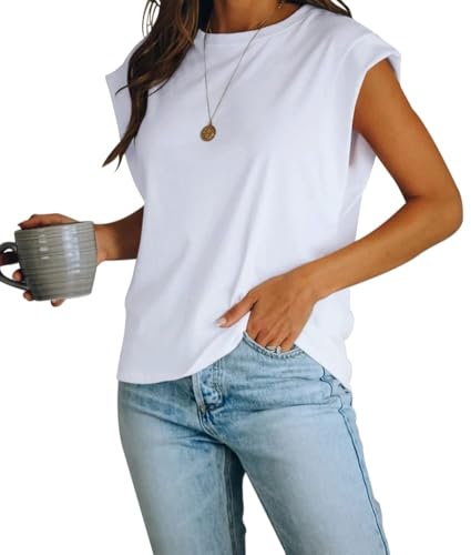 iudam Tshirt Damen mit Flügelärmeln Sommer Rundhals Oberteile Basic Blusen Kurzarm Tank Top lockere Passform lässiges Vest Tops,Weiß,L von iudam