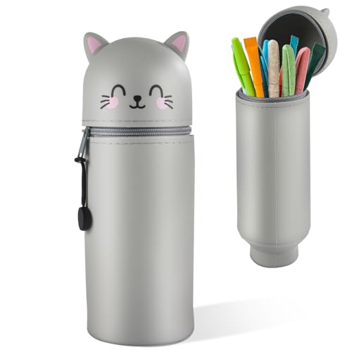 iulrtba 2-in-1 Silikon Federmäppchen, Kawaii Federmäppchen, Federmappe & Stiftehalter, Schulmäppchen aus weichem Silikon für Stifte-Grey Cat von iulrtba
