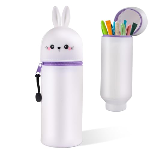 iulrtba Kawaii Federmäppchen, 2-in-1 Silikon Federmäppchen, Federmappe & Stiftehalter, Silikon Federmäppchen mit Tierdesign, Schlampermäppchen für Schule Büro-White Rabbit von iulrtba