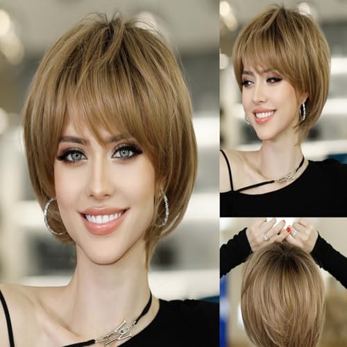 Iuscacey Damen Cropped Hair Mixed Color Kurze Kopfbedeckung Damen Short Style Brauner Pony Kurze Perücke Mixed Color Elf Kurzes Haar,Mw10521 von iuscacey