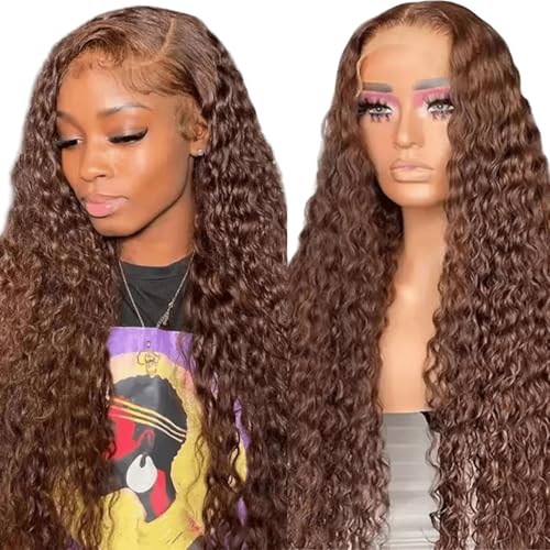Iuscacey Deep Wave Frontal Perücke 13X4 Hd Spitze Schokolade Braun Lockige Spitze Front Echthaar Wasserwelle Brasilianische Perücken für Frauen,10inches von iuscacey
