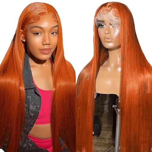 Iuscacey Gerade Spitze Frontal Perücken 13X4 hd Spitze Perücke Ingwer Orange Farbe Echthaar 13X4 Echthaar für Frauen 180% Dichte,26inches von iuscacey