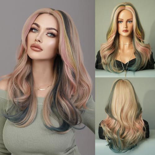 Iuscacey Gewellte Perücken Synthetische Lange Lose Wellige Hellbraune Perücke Für Frauen Täglich Party Highlight Blond aussehende Wellige Perücken Mittelteil Perücke,Mw90861 von iuscacey