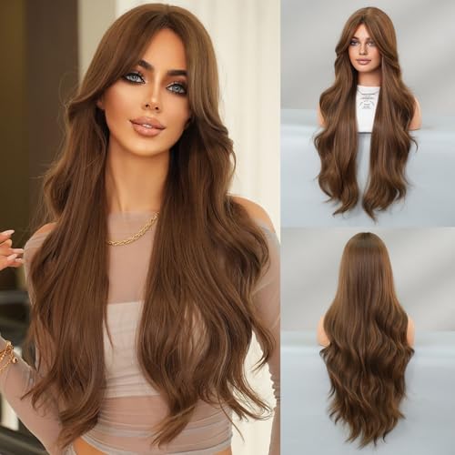 Iuscacey Gewellte Perücken Synthetische Lange Lose Wellige Hellbraune Perücke Für Frauen Täglich Party Highlight Blond aussehende Wellige Perücken Mittelteil Perücke,Mw91851 von iuscacey