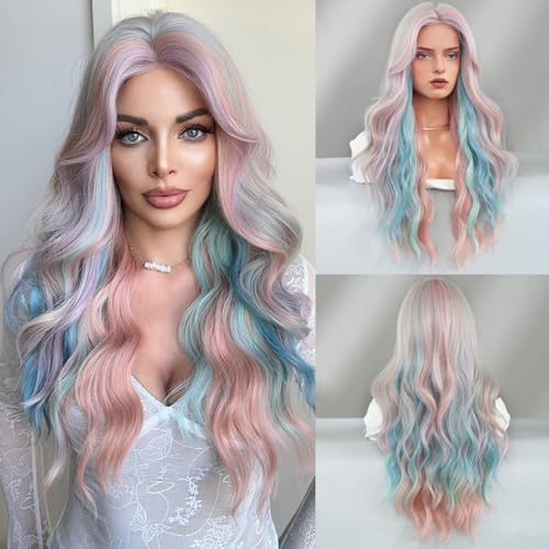 Iuscacey HD Transparente Lace Front Perücke Lose Langkörper Wellige Ombre Blaue Perücke für Frauen Synthetischer Mittelteil Lockige Spitze Frontalhaar Perücken,Bunt von iuscacey