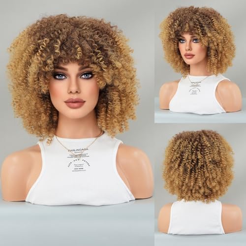 Iuscacey Kinky Curly Perücke mit Pony Synthetische Braune Lockenperücke für schwarze Frauen Naturhaar Cosplay Party Hitzebeständige Perücke,Tea gold von iuscacey